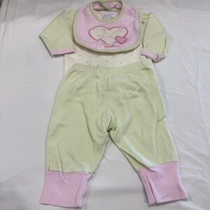 Y2K Bon Bebe Soft Pink & Green Baby Outfit with Matching Bib Size 3-6 Month
